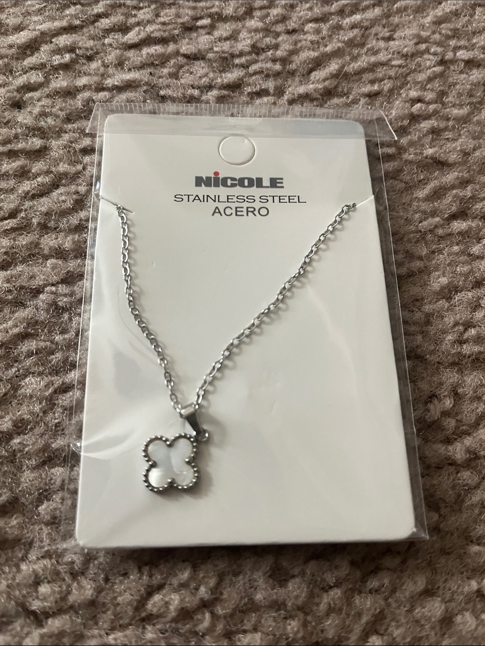 Nicole Silver Stainless Steel Clover Pendant Necklace with White Inlay